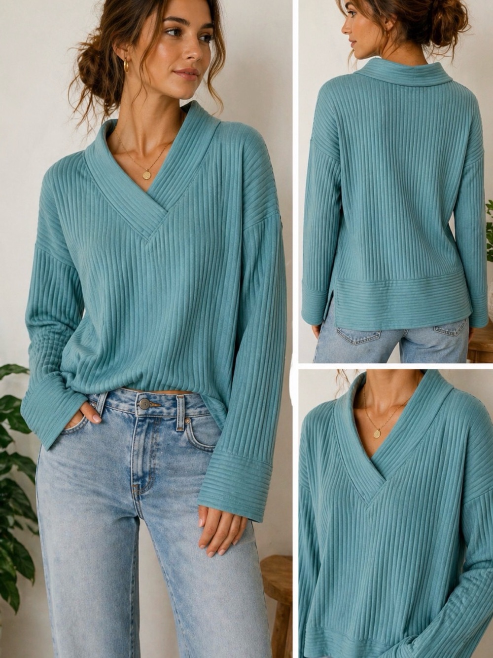 Tahari Sport Ribbed Pullover Top Teal Blue Cowl Neck 2xl NWT Cozy